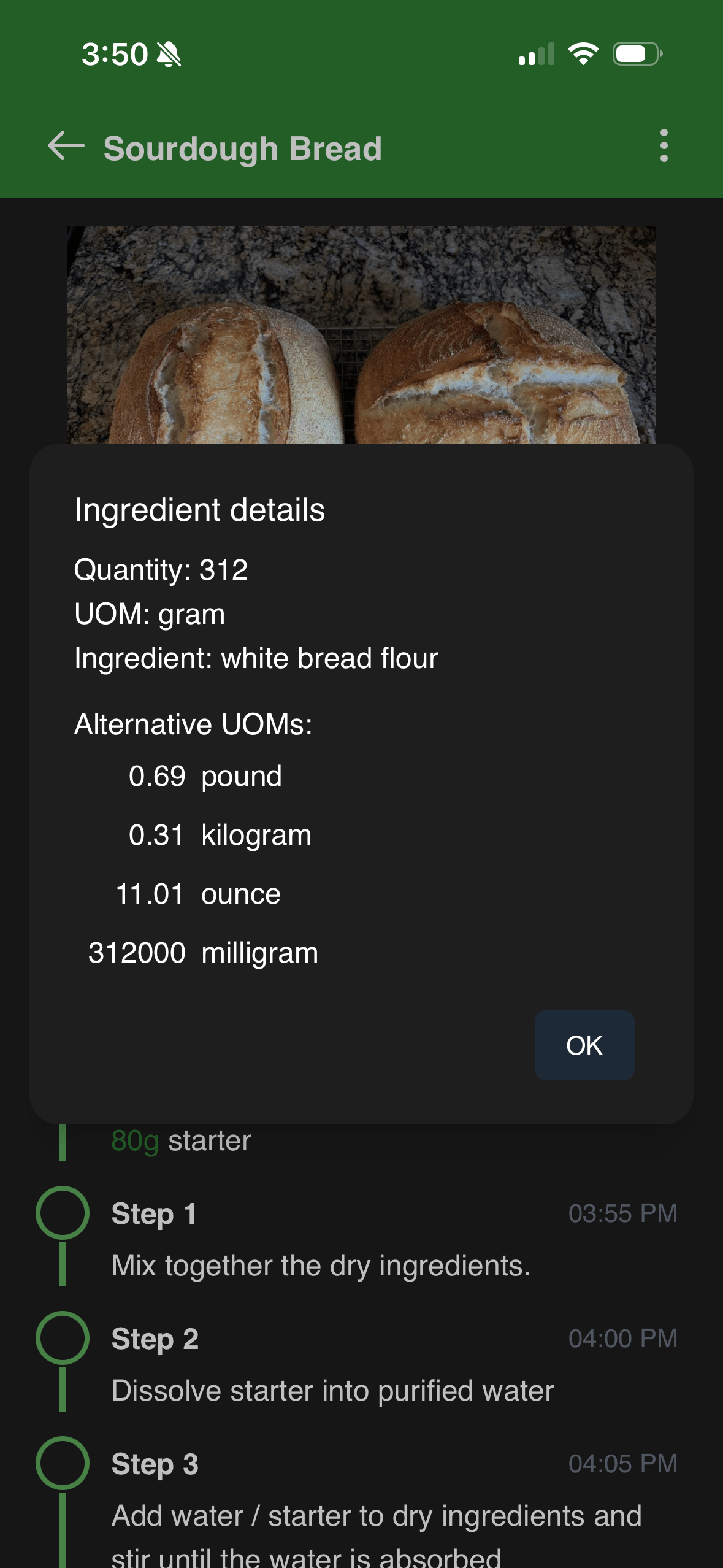 iOS ingredient unit conversion popup